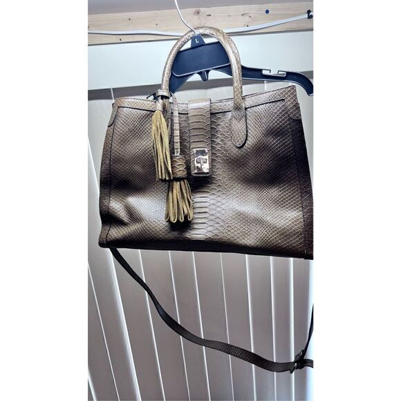 Claudia Firenze Olive Green Italian Leather Croc Embossed Tote Satchel Handbag - Picture 1 of 11